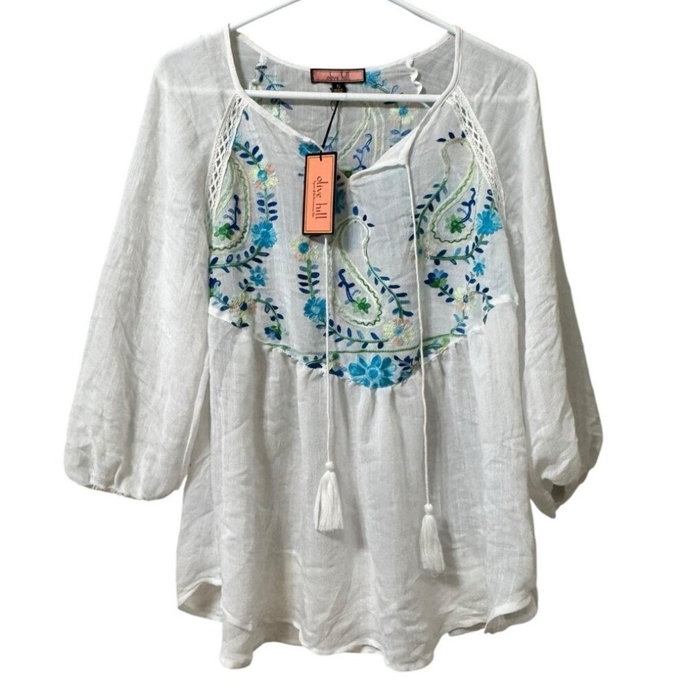 Anthropologie Olive Hill Embroidered Boho Peasant Floral Tunic Top Sz Small NWT